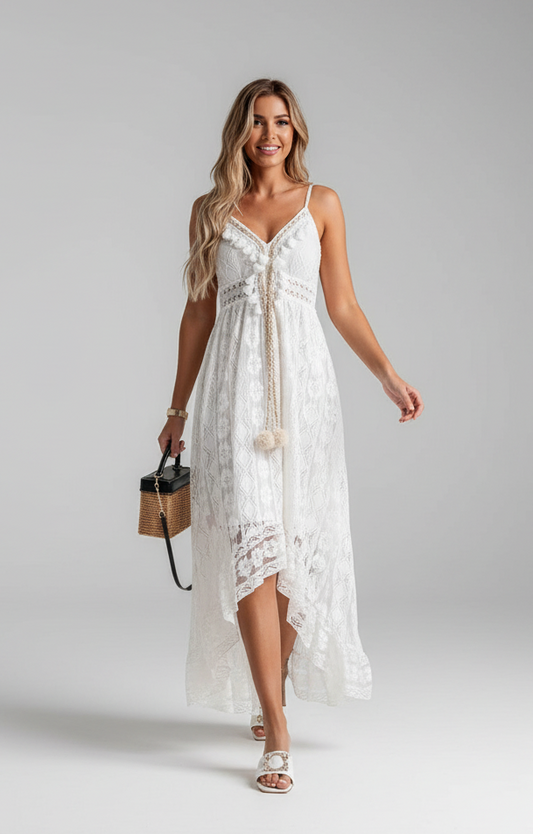 Maëlyne - Unverzichtbar im Sommer | Weibliches Maxi-Kleid aus Spitze in Weiß mit Spaghettiträgern, V-Ausschnitt und Punktemuster-Finish