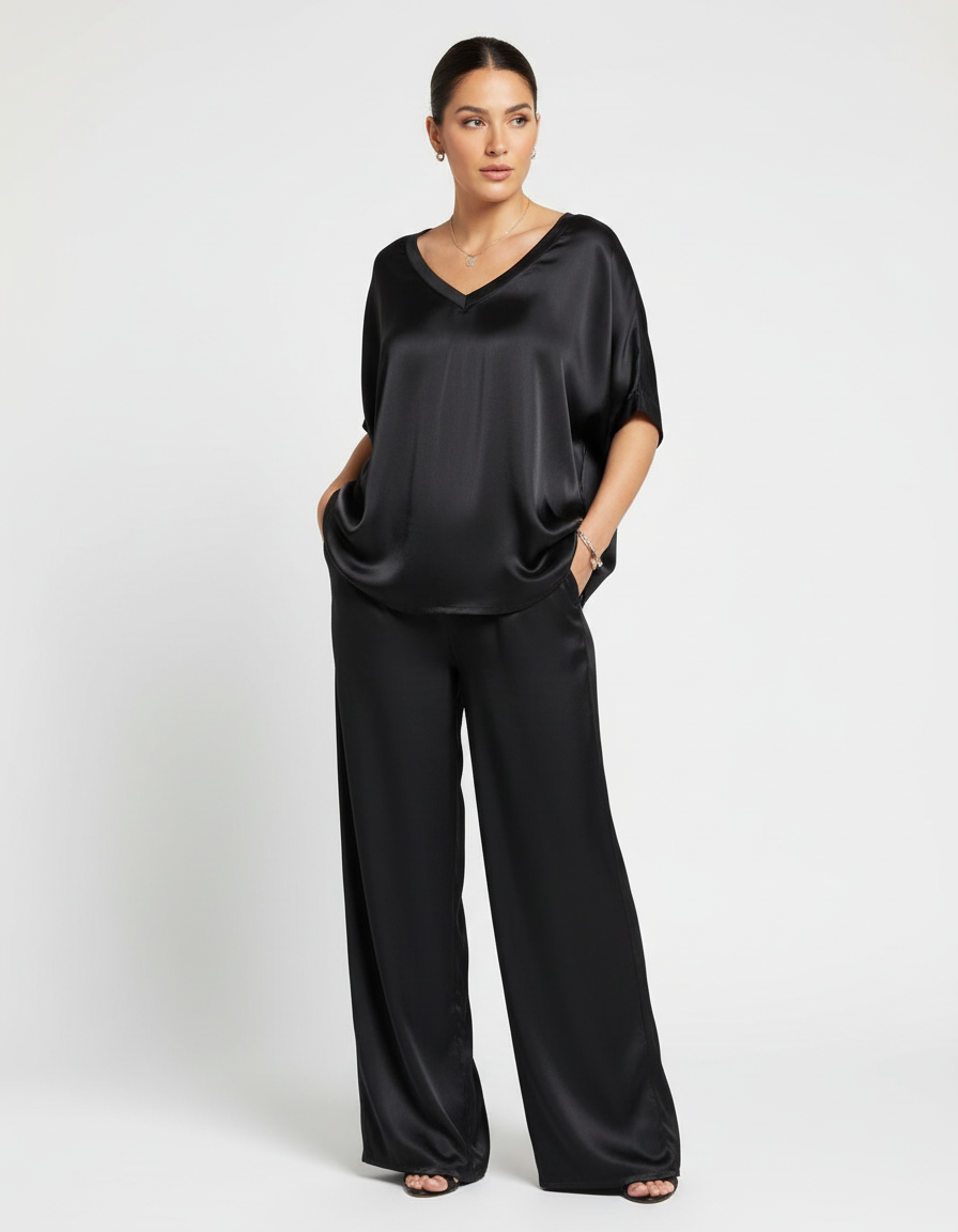 Elegantes Satin Zweiteiler Set mit V-Ausschnitt Bluse für Damen & weit geschnittener Hose – Lockeres Freizeit Outfit