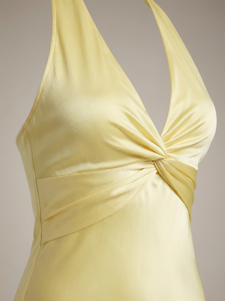 Elegantes Neckholder-Maxikleid für Damen – Satin Abendkleid mit Twist-Detail & fließender Silhouette
