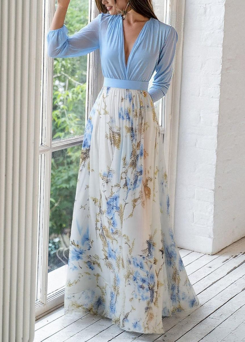 Elegantes Maxikleid mit Blumenprint für Damen – Fließendes Chiffonkleid mit Tiefem V-Ausschnitt