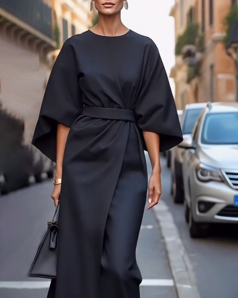 Soléïna - Elegantes Midi-Kleid mit Kimonoärmeln, Tailliert für eine weibliche Silhouette