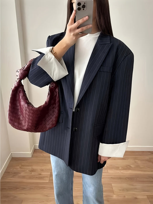 Alixane - Oversize Blazer gestreift Dunkelblau für Frauen mit Knöpfen – Frühlingsjacke