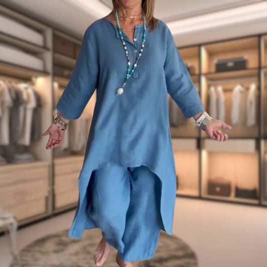 Ambrélya - Damen Zweiteiliges Komfort Ensemble: Hemdblusenkleid mit Halblangen Ärmeln und Bequeme Unifarbene Hose