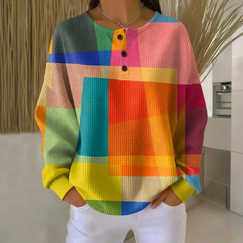 Lässiges Colorblock Langarmshirt mit Knopfleiste – Lockeres Freizeit Shirt für Damen