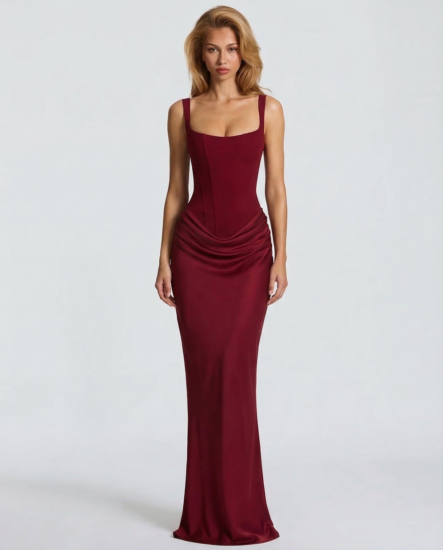 Elegantes Corsagenkleid mit eckigem Ausschnitt für Damen – Figurbetontes Maxikleid mit Satin-Finish & Schnürdetail