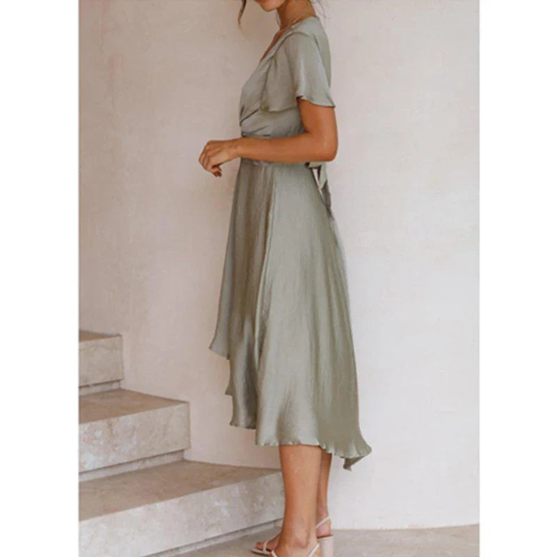 Midi-Wickelkleid mit Taillengürtel für Damen – Sommerkleid mit Volantärmeln & Fließendem Schnitt