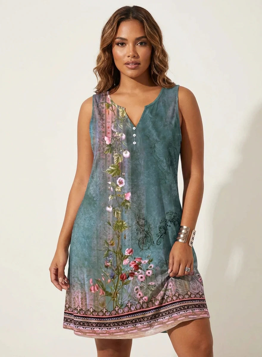 Lässiges Sommerkleid mit Print für Damen – Ärmelloses Freizeitkleid mit Knopfleiste