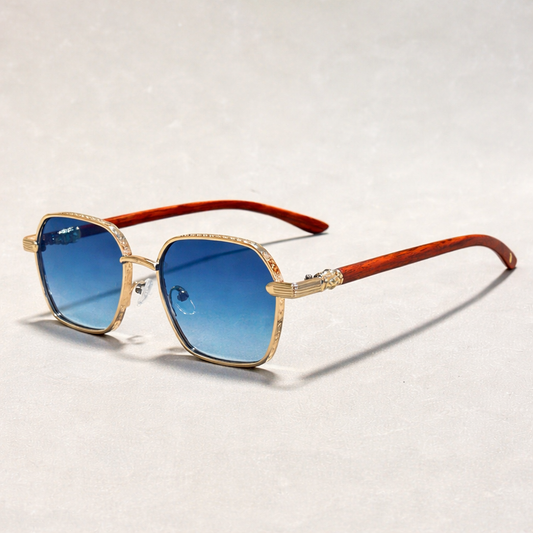Vintage Sonnenbrille für Damen – Goldrahmen mit Holzoptik-Bügeln & UV400 Schutz