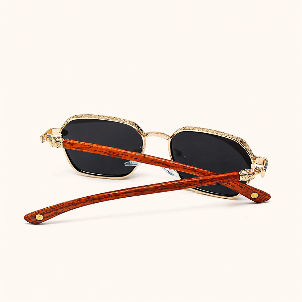 Vintage Sonnenbrille für Damen – Goldrahmen mit Holzoptik-Bügeln & UV400 Schutz