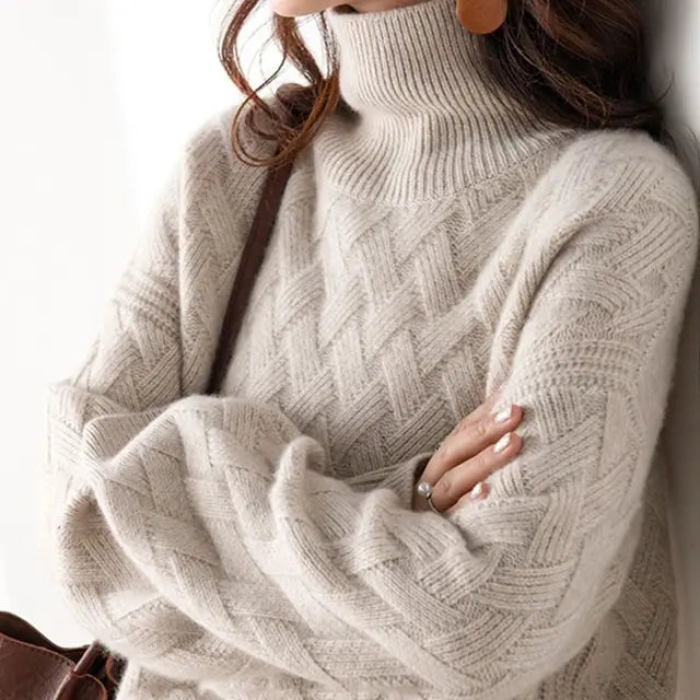 Aurélie - Luxuriöser Kaschmir-Rollkragenpullover für den Frühling, Weite Passform, mit Häkelmuster