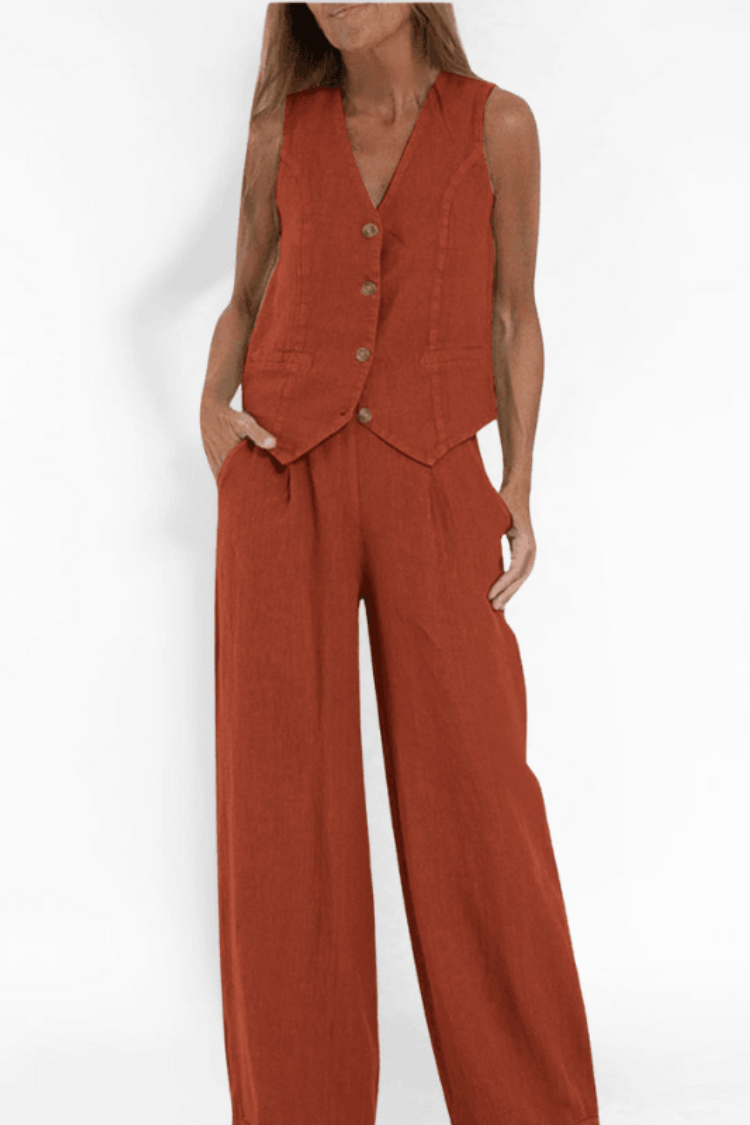 Leinen Zweiteiler Set für Damen – Elegantes Westen-Top & Weite Hose mit hoher Taille