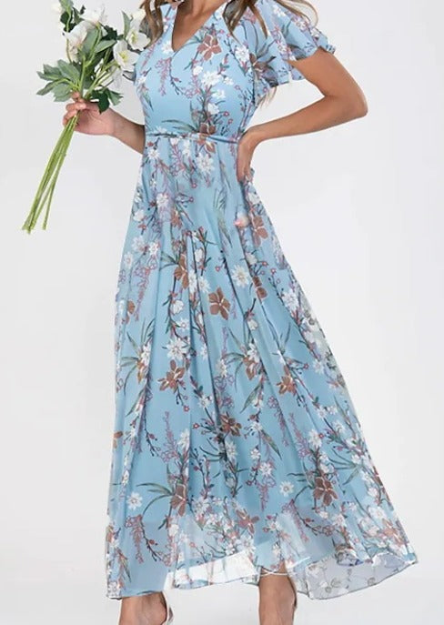 Fließendes Blumen-Maxikleid für Frauen mit V-Ausschnitt und femininem Schnitt