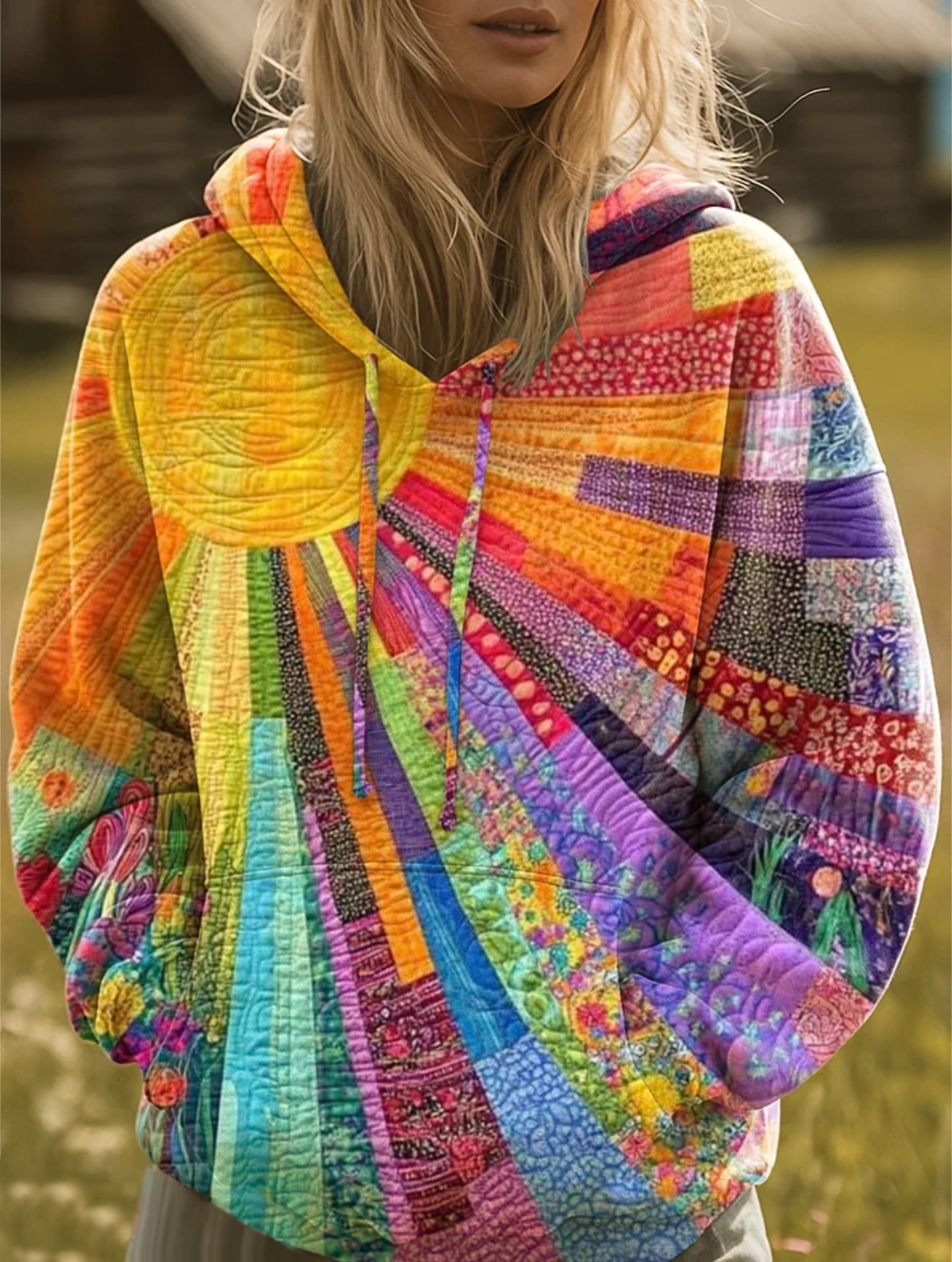 Bunter Patchwork Hoodie für Damen – Boho Kapuzenpullover mit einzigartigem Print & lässigem Oversize Look