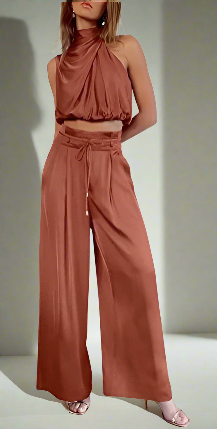 Elegantes Zweiteiler-Set mit Neckholder-Top für Damen – Weite High-Waist Hose für besondere Anlässe