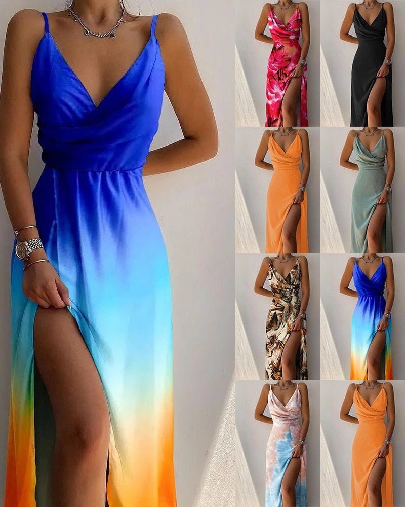 Maxikleid mit Beinschlitz und Spaghettiträgern für Damen – Sommerkleid mit Wickel-Ausschnitt
