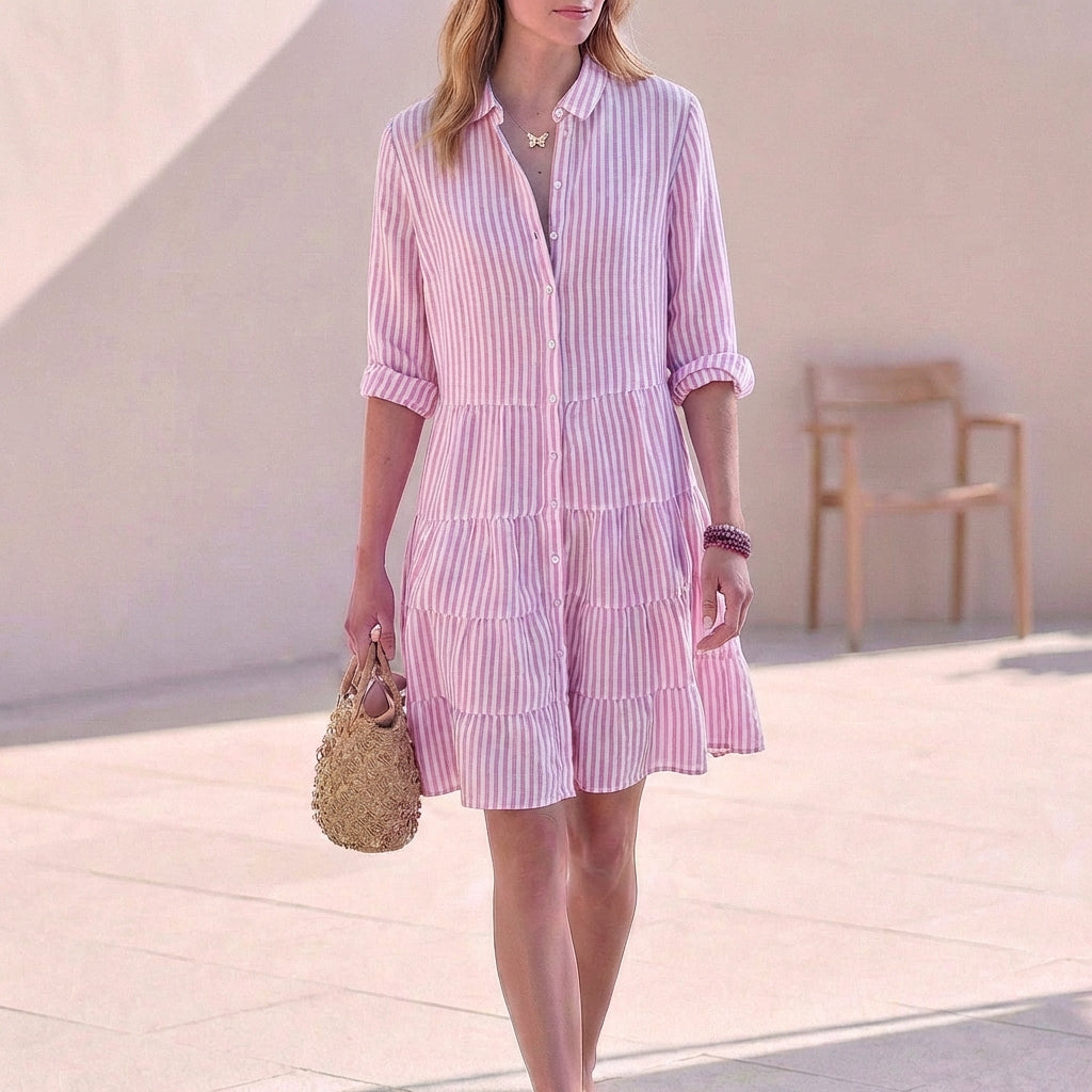 Gestreiftes Hemdblusenkleid für Damen – Leichtes Sommerkleid mit Knopfleiste & Volantrock