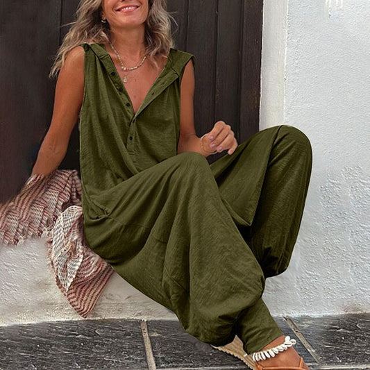 Auréline - Bequemer und Lässiger Frühling-Sommer Jumpsuit für Frauen, Ärmellos, Weite Hose, Knöpfe und V-Ausschnitt