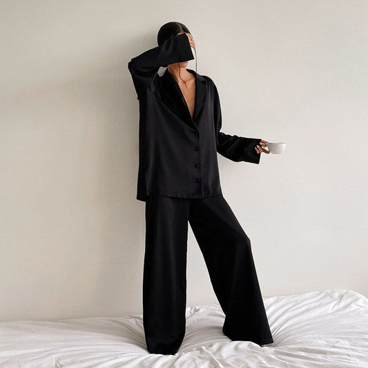 Noélya - Damen Pyjama-Set aus luxuriösem Satin mit Langarmshirt und langer Hose