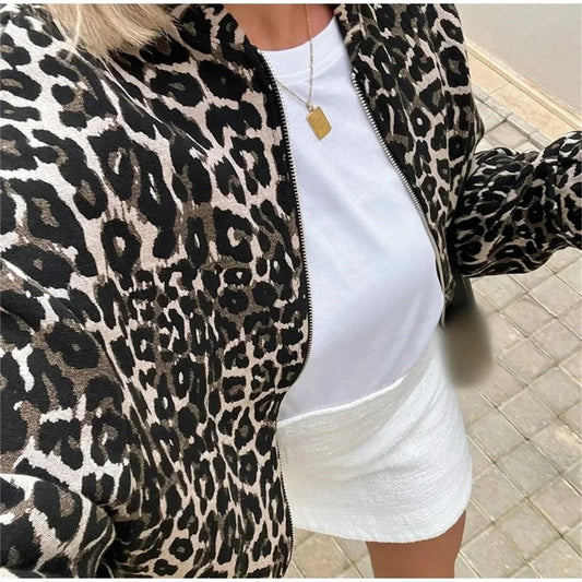 Leopard Print Bomberjacke – Lässige Übergangsjacke mit Reißverschluss für Damen