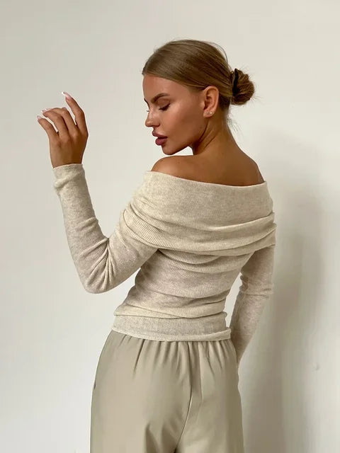 Elegantes Off-Shoulder Langarm Top für Damen – Figurbetontes Stretch Shirt