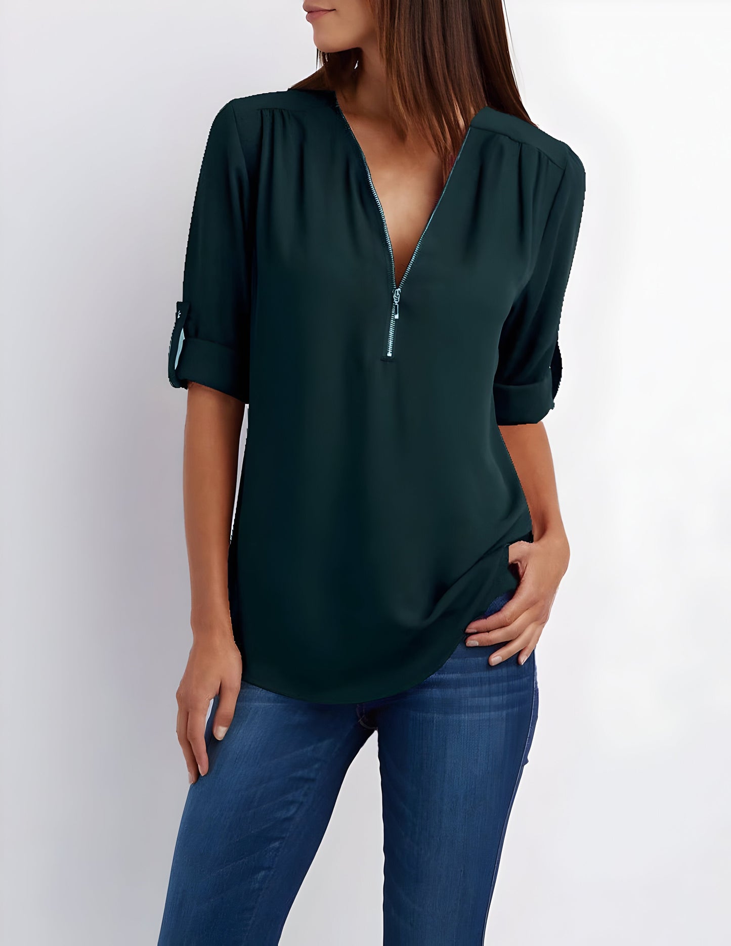 Elegante Damen Bluse mit Reißverschluss-Ausschnitt – Locker & Vielseitig für Alltag & Büro