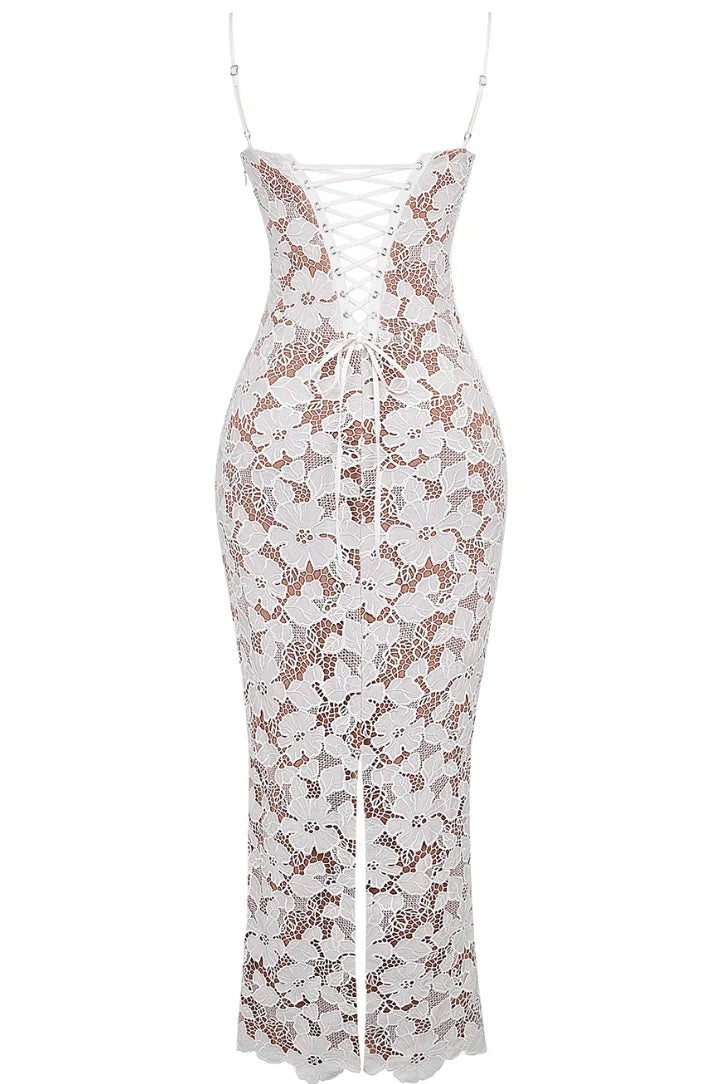 Elegantes Spitzen Maxi Kleid für Damen – Figurbetont & Rückenfrei mit Schnürung