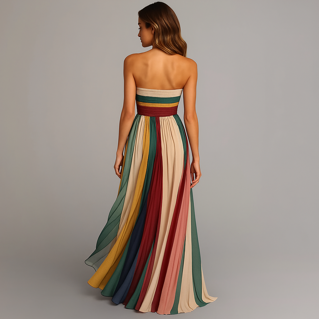 Plissiertes Maxikleid für Damen – Schulterfreies Sommerkleid mit Farbverlauf & Fließender Silhouette