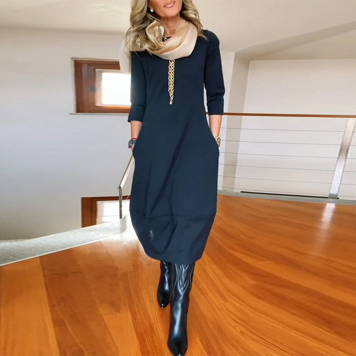 Claire - Elegantes und Bequemes Midi-Kleid mit Bootsausschnitt, 3/4-Ärmeln und Taschen