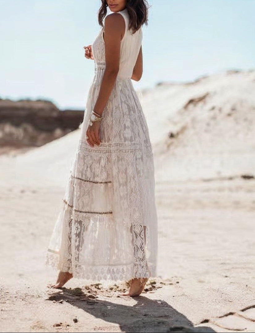 Élisora - Maxikleid Boho aus Spitze | Ärmellos V-Ausschnitt | Leichter Stoff | Sommerliche Eleganz