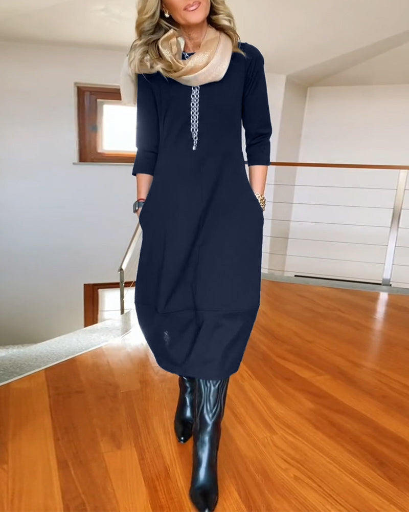 Claire - Elegantes und Bequemes Midi-Kleid mit Bootsausschnitt, 3/4-Ärmeln und Taschen