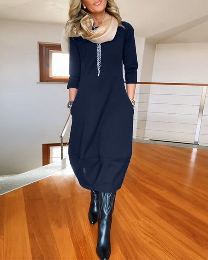 Claire - Elegantes und Bequemes Midi-Kleid mit Bootsausschnitt, 3/4-Ärmeln und Taschen
