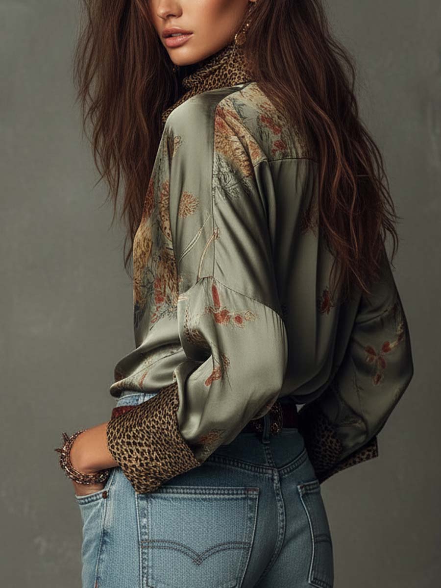 Elegante Satinbluse mit Floral-Print für Damen – Lockeres Langarmhemd im Boho-Look