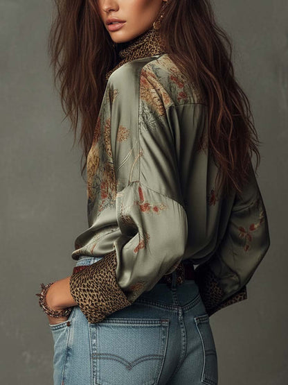 Elegante Satinbluse mit Floral-Print für Damen – Lockeres Langarmhemd im Boho-Look