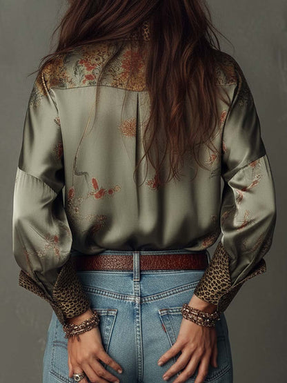 Elegante Satinbluse mit Floral-Print für Damen – Lockeres Langarmhemd im Boho-Look
