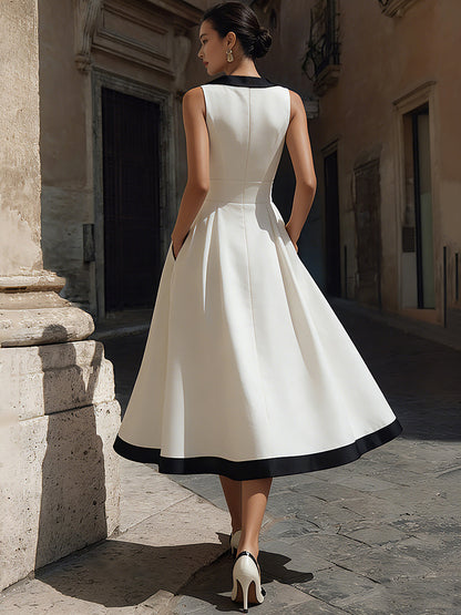 Adorine - Elegantes Midi-Kleid mit V-Ausschnitt, A-Linie, Kontrastbesatz und Taschen