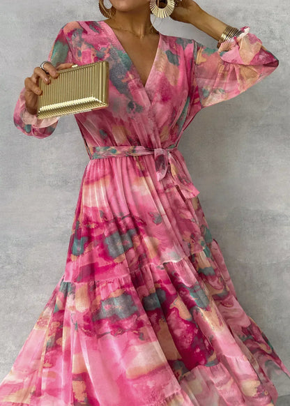 Violetta - Sommer-Wickelkleid mit Blumen für Damen, mit Gürtel und langen Ärmeln
