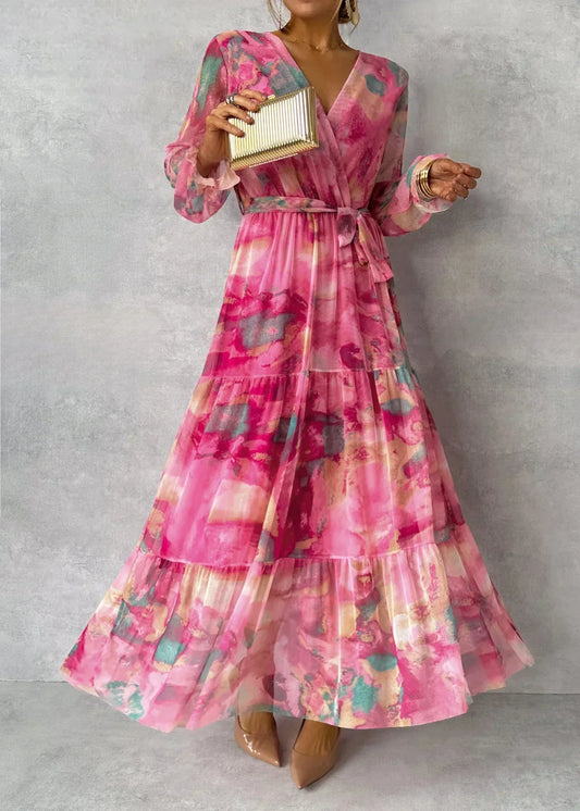 Violetta - Sommer-Wickelkleid mit Blumen für Damen, mit Gürtel und langen Ärmeln