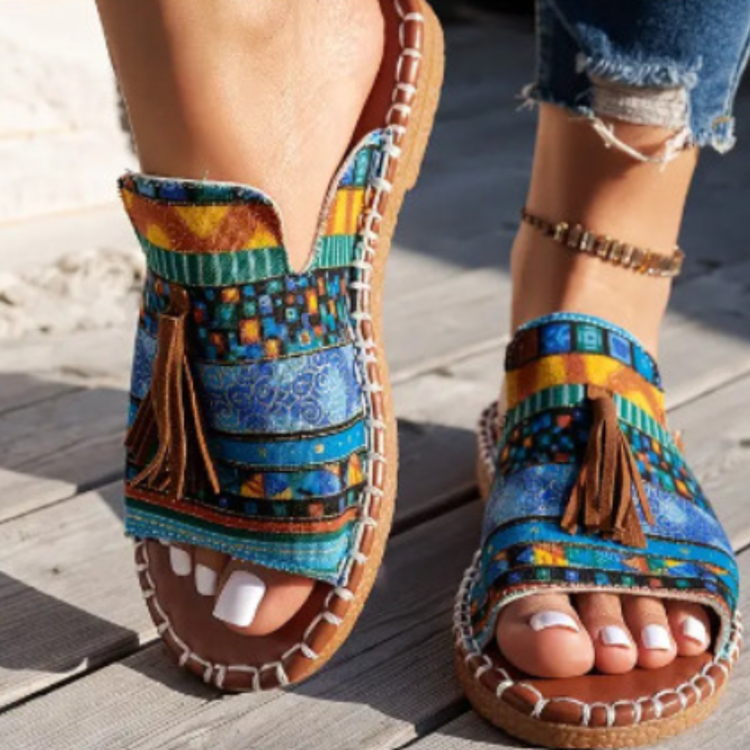 Boho Quasten Sandalen für Damen – Bequeme Sommer Pantoletten mit Ethno-Print