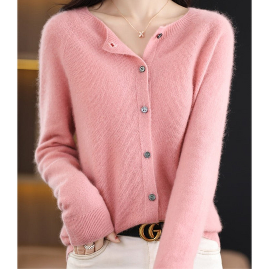 Bérélie - Damen-Cardigan mit Bootsausschnitt aus reiner Merinowolle, Cashmere-Stil, einfarbig
