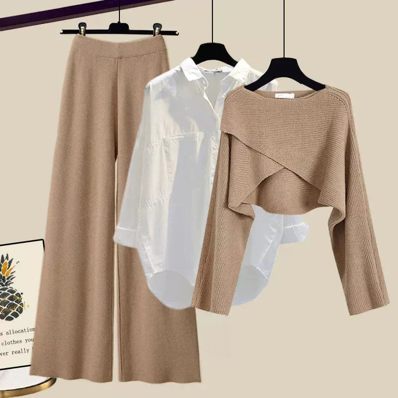 Elegantes 3-teiliges Outfit Set für Damen mit weiter Hose Bluse und modernem Crop Pullover