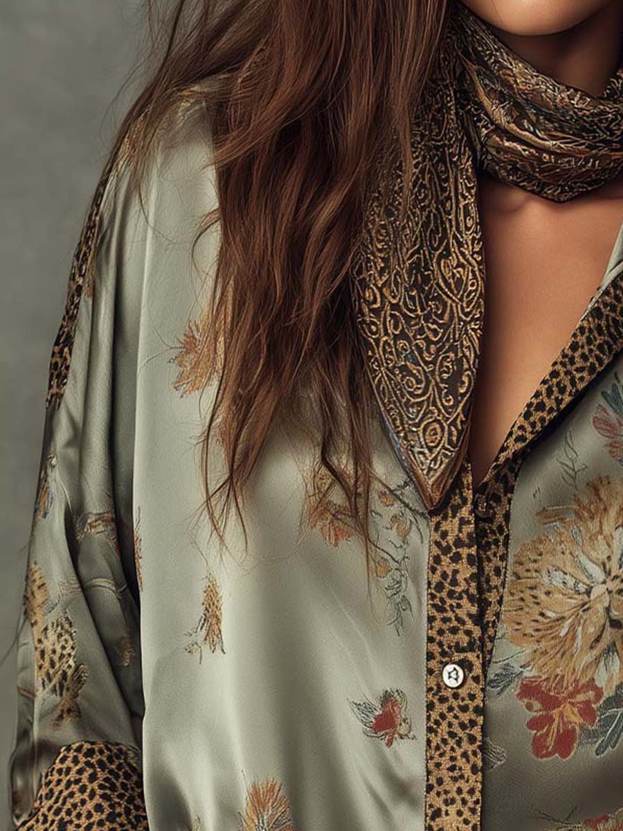 Elegante Satinbluse mit Floral-Print für Damen – Lockeres Langarmhemd im Boho-Look