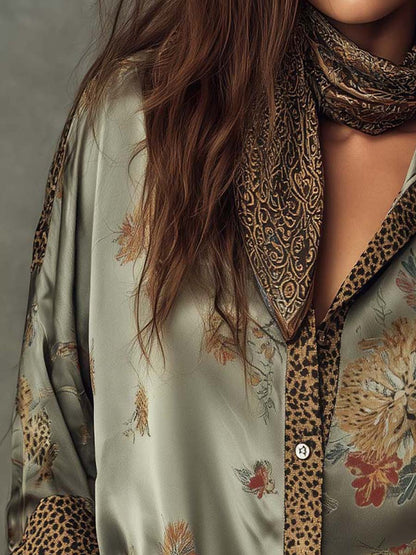Elegante Satinbluse mit Floral-Print für Damen – Lockeres Langarmhemd im Boho-Look