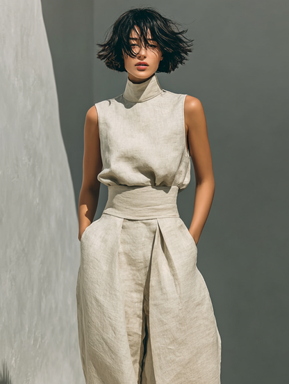 Eleganter Leinen Jumpsuit mit weitem Bein & Stehkragen für Damen – Luftig, Modern & Figurbetont