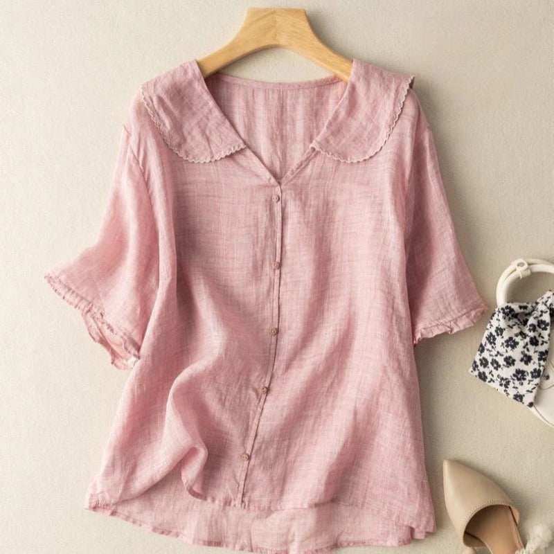 Leichte Sommerbluse Damen mit Kragen – Luftige Kurzarm Bluse aus Leinen-Look