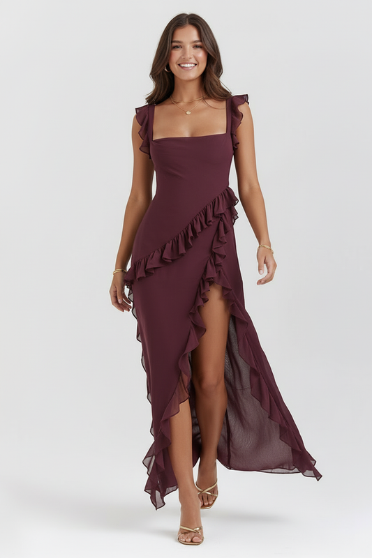 Évanya - Elegantes Maxikleid mit Cascading Rüschendetail und Hohem Schlitz