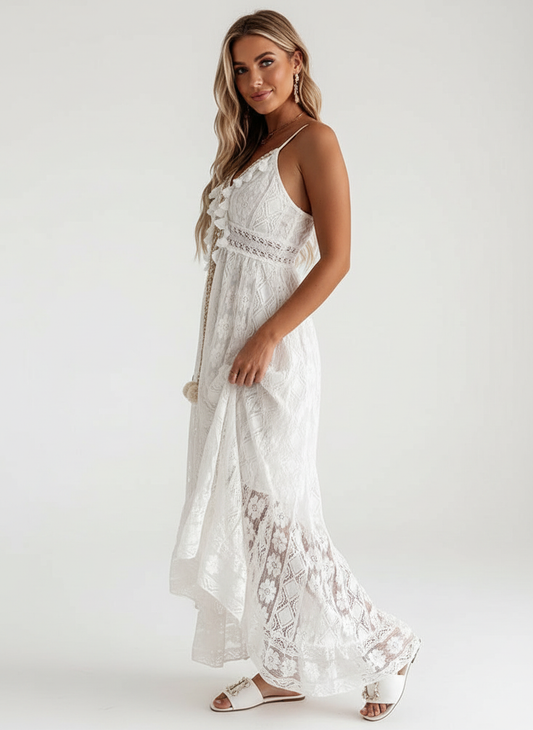 Maëlyne - Unverzichtbar im Sommer | Weibliches Maxi-Kleid aus Spitze in Weiß mit Spaghettiträgern, V-Ausschnitt und Punktemuster-Finish