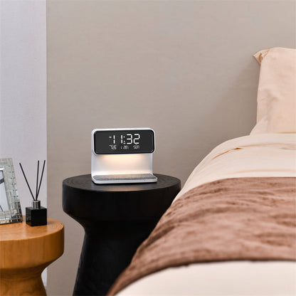 Éclélia - Nachttischlampe 3-in-1 mit kabellosem Ladegerät – LCD-Wecker & dimmbare LED-Touchlampe