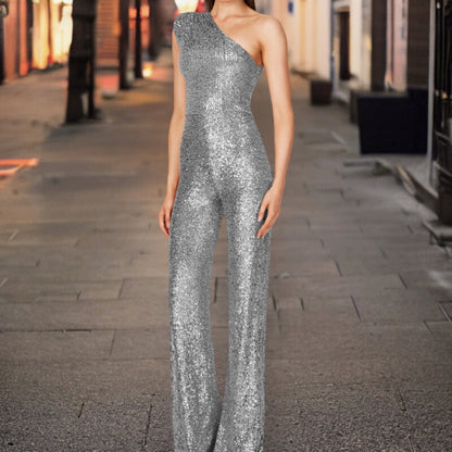 Glitzernder One-Shoulder Jumpsuit mit Pailletten – Eleganter Party Overall für Damen