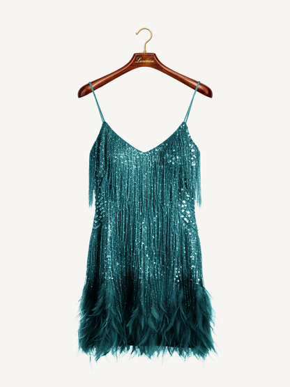 Elegantes Pailletten Fransenkleid für Damen – Glamouröses Party Cocktailkleid mit Federsaum