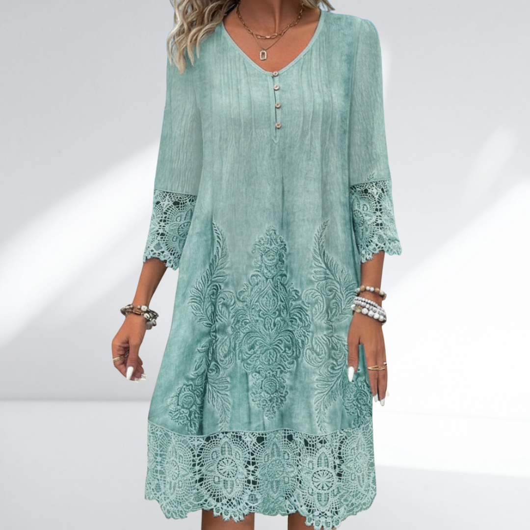 Elegantes Midikleid mit Spitze für Damen – Lockeres Sommerkleid mit V-Ausschnitt & Ornament-Design